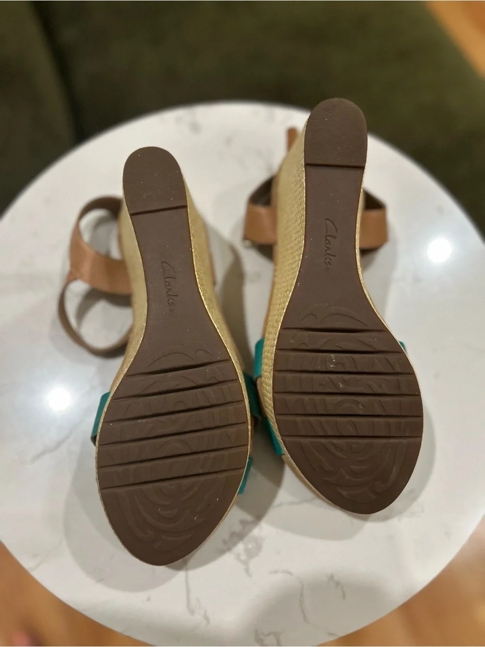 Clarks Teal and Tan Cross-Strap Wedge Sandals